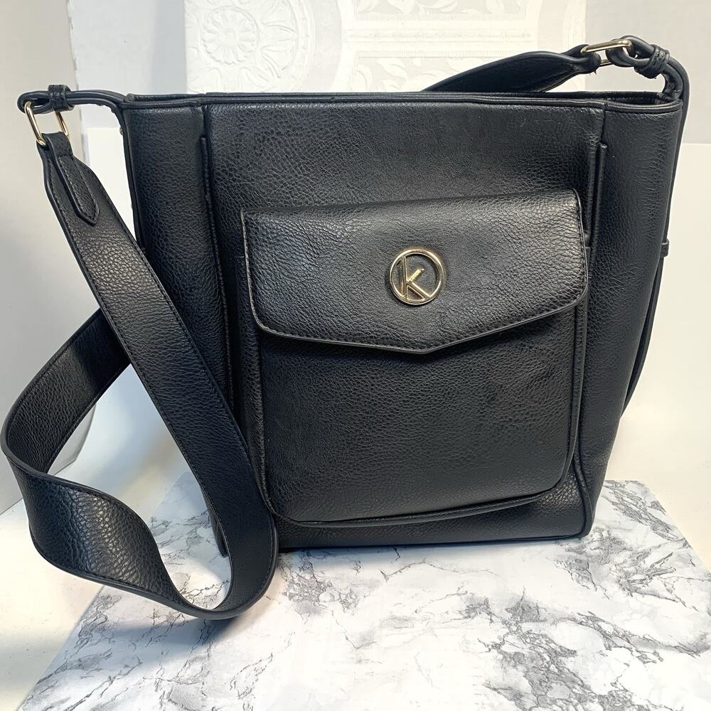 Kensie Front Pocket Shoulder Bag Adjustable Strap Black Brass Hardware Crossbody